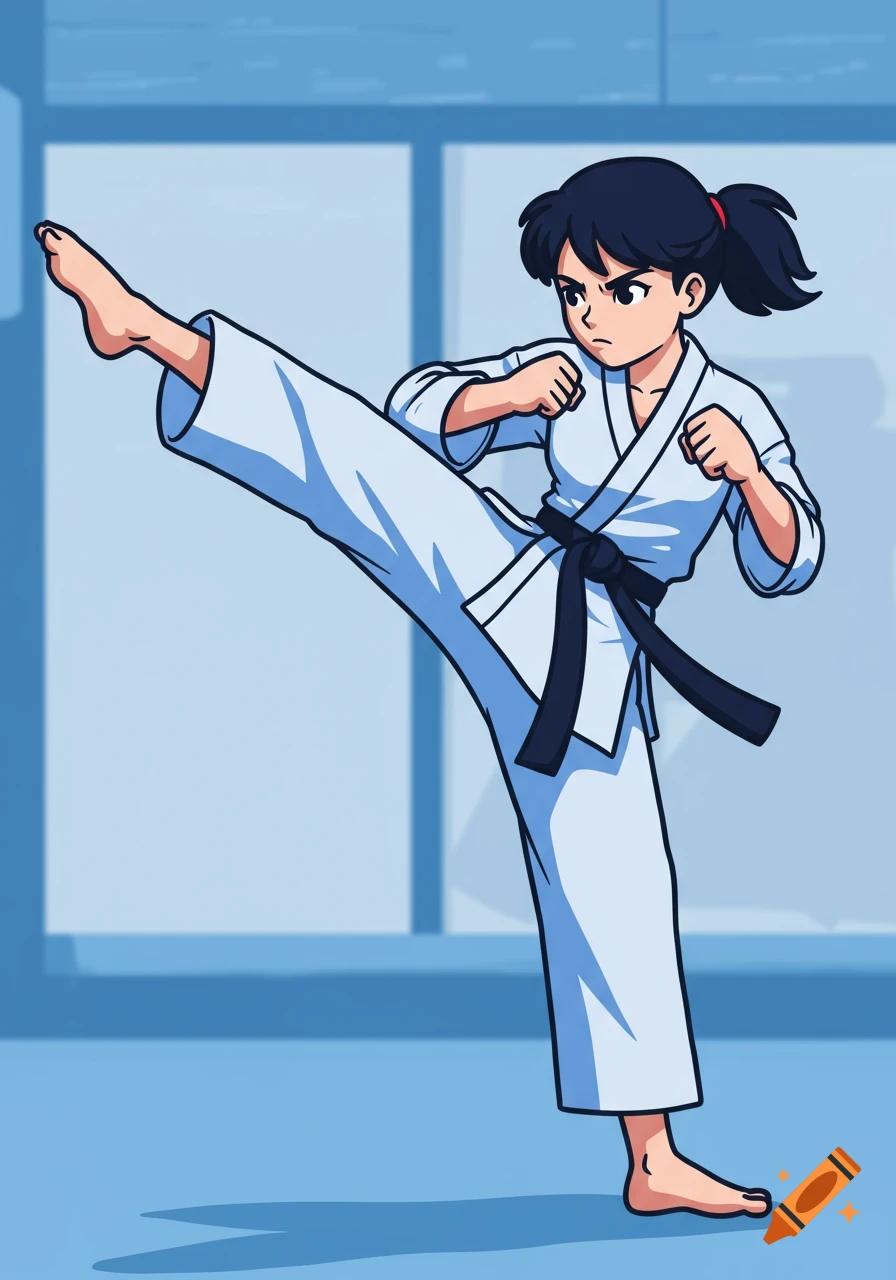 An anime girl in a white karate gi with a black belt performs a high kick in a light blue room.
