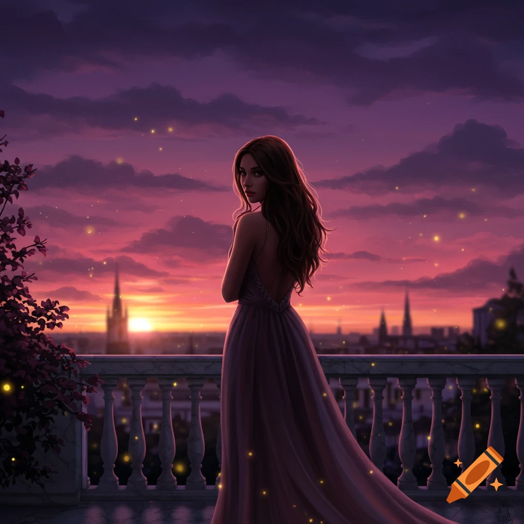 Digital painting of a woman in a dress on a balcony, looking over her shoulder at a city skyline during sunset with glowing particles.