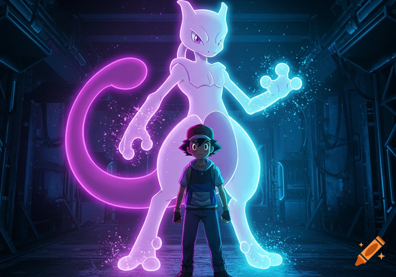 Ash Ketchum stands in a dark, futuristic room with a glowing, ethereal Mewtwo behind him, illuminated by neon purple and blue light.