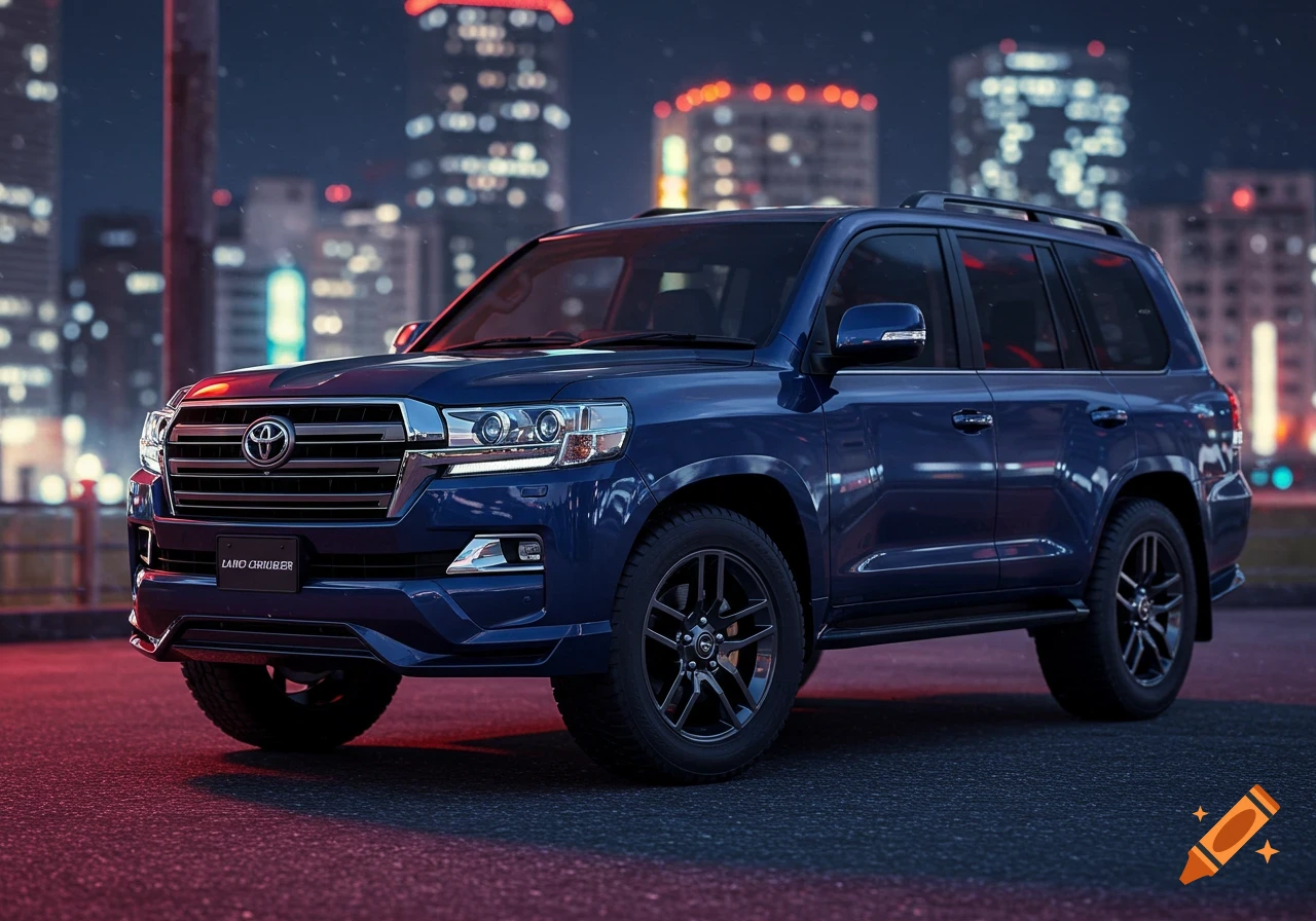 A dark blue Toyota Land Cruiser SUV parked on a city street at night, with blurred urban lights in the background.