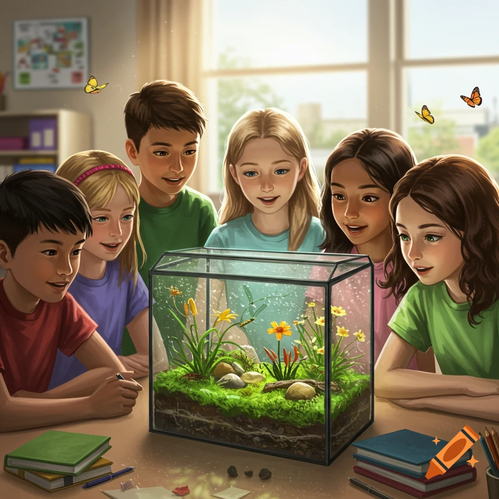 Diverse children in a classroom intently observing a terrarium with plants, rocks, and insects, while butterflies fly around.