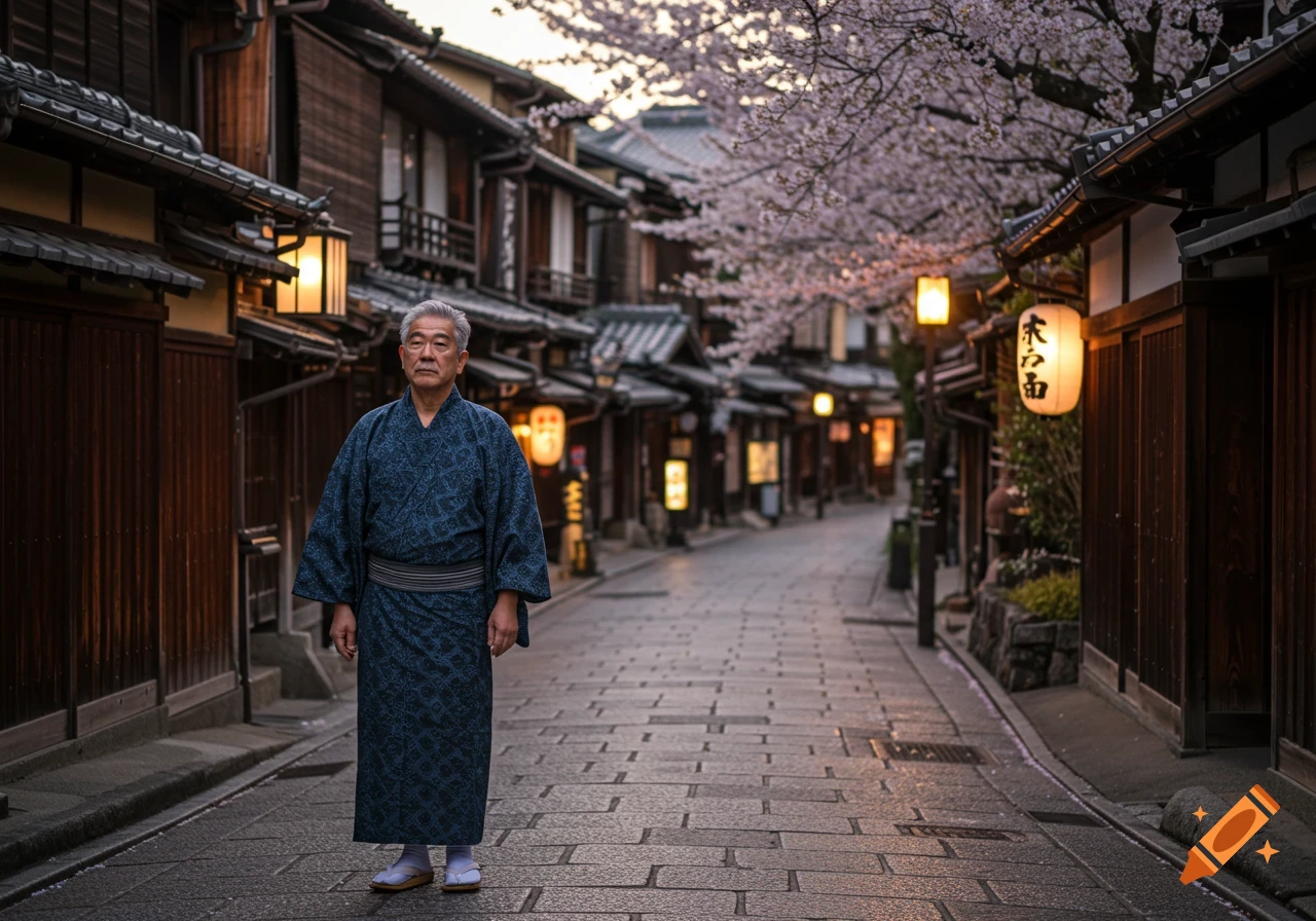 Elderly Japanese man in a dark blue kimono stands on a stone street lined with traditional wooden houses and cherry blossom trees at dusk, photorealistic.