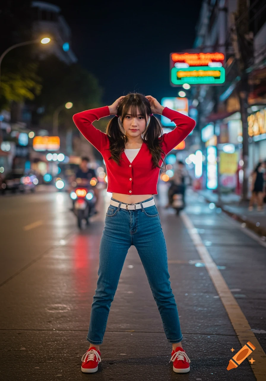 A young Thai woman with pigtails poses on a busy Bangkok street at night, wearing a red cardigan, white top, blue jeans, and red sneakers.
