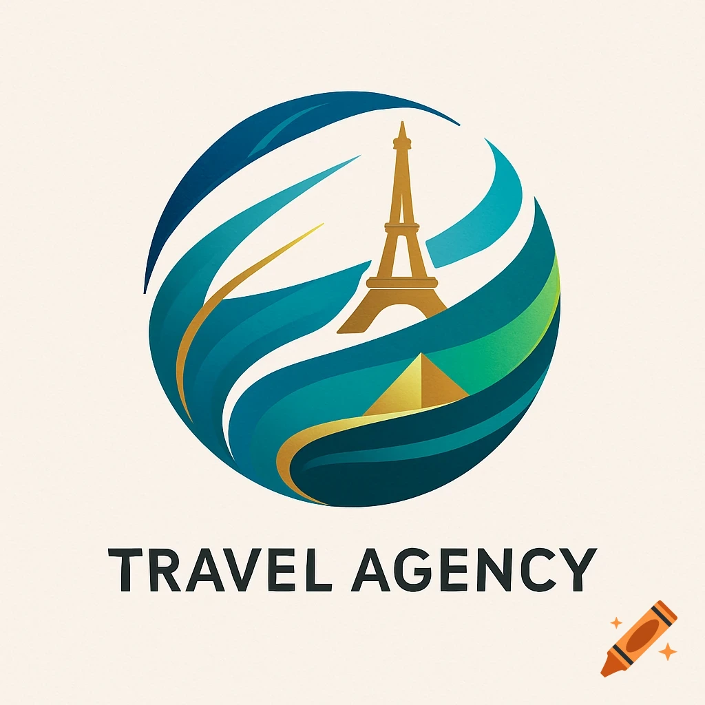 A travel agency logo featuring the Eiffel Tower and a pyramid within a blue and green wavy circle, with 'TRAVEL AGENCY' text.