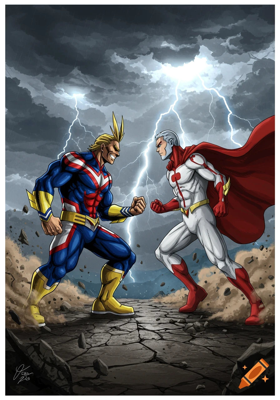 All Might and Omni-Man face off in a dramatic comic art style battle under a stormy sky with lightning.