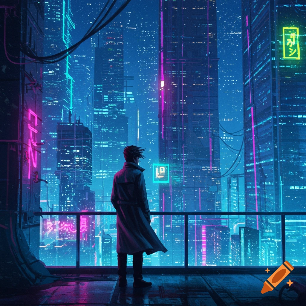 A person in a trench coat stands on a balcony, gazing at a sprawling, neon-lit cyberpunk city at night.