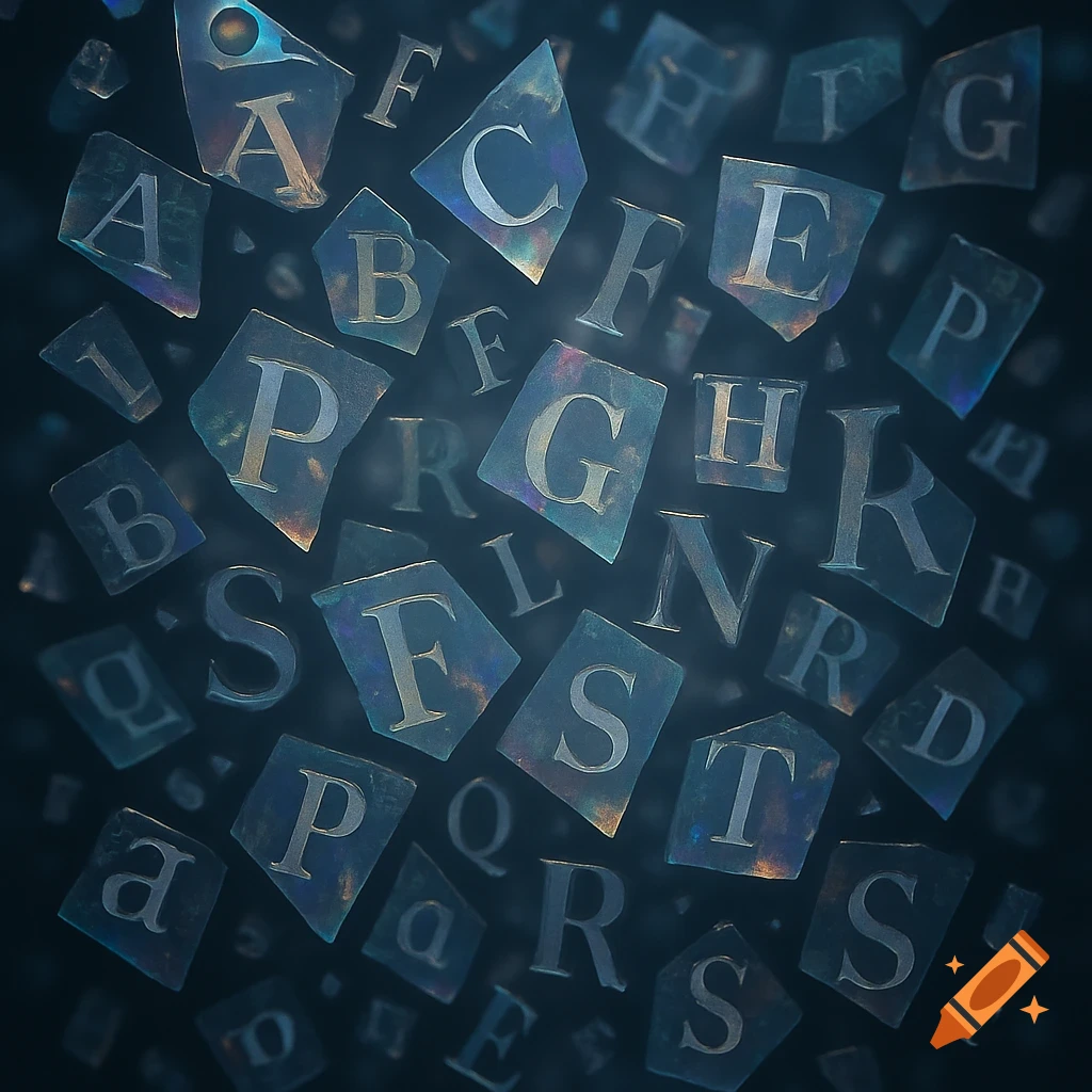 Floating, iridescent, shard-like alphabet letters on a dark background.