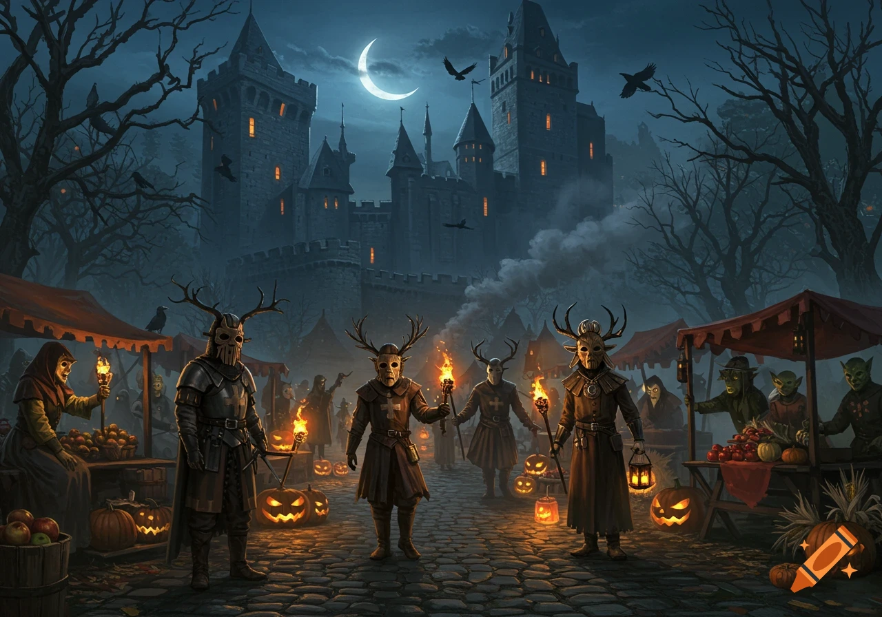 Fantasy medieval Halloween scene with antler-masked figures, jack-o'-lanterns, market stalls, and a castle under a crescent moon.