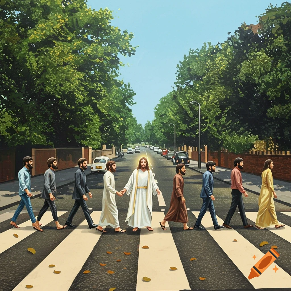 Jesus and his disciples cross a street on a zebra crossing, in a parody of the Abbey Road album cover.