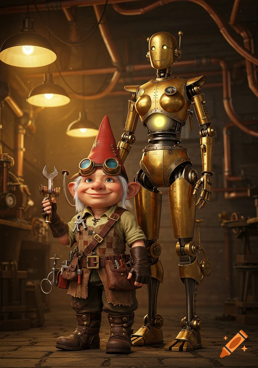 A smiling steampunk gnome inventor in a workshop holding a wrench, standing next to a tall golden humanoid robot.
