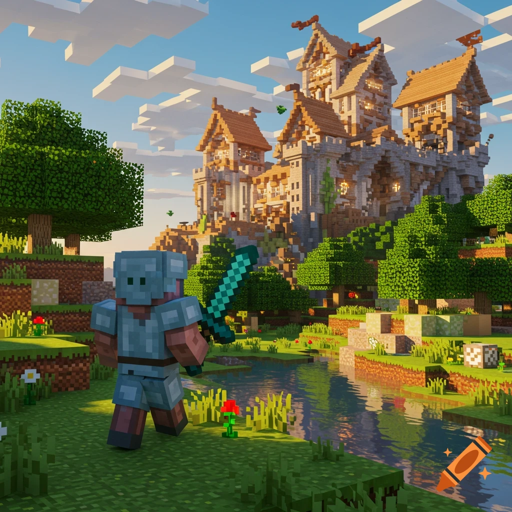A Minecraft-style character with a sword stands before a large castle and river in a blocky, green landscape.