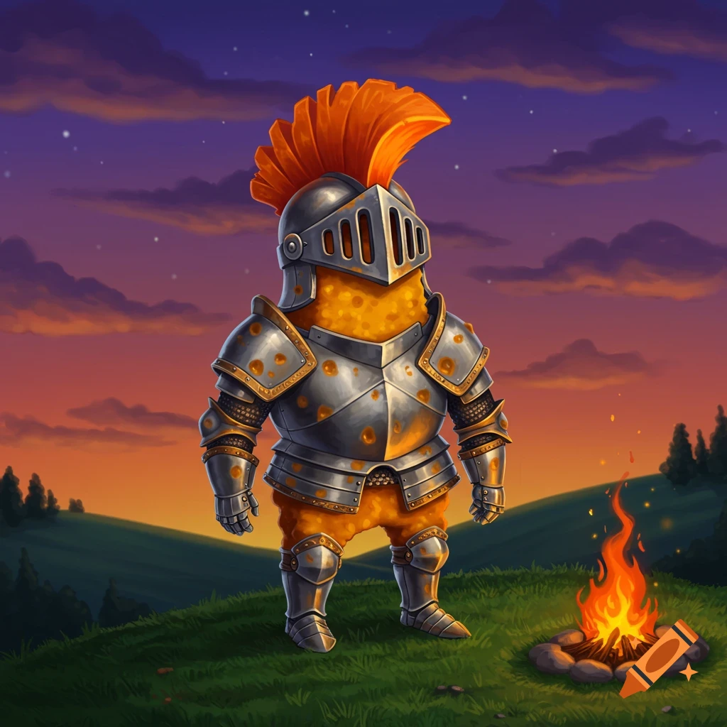 A cartoonish dorito man in full knight armor and an orange mohawk stands on a grassy hill by a campfire at sunset.