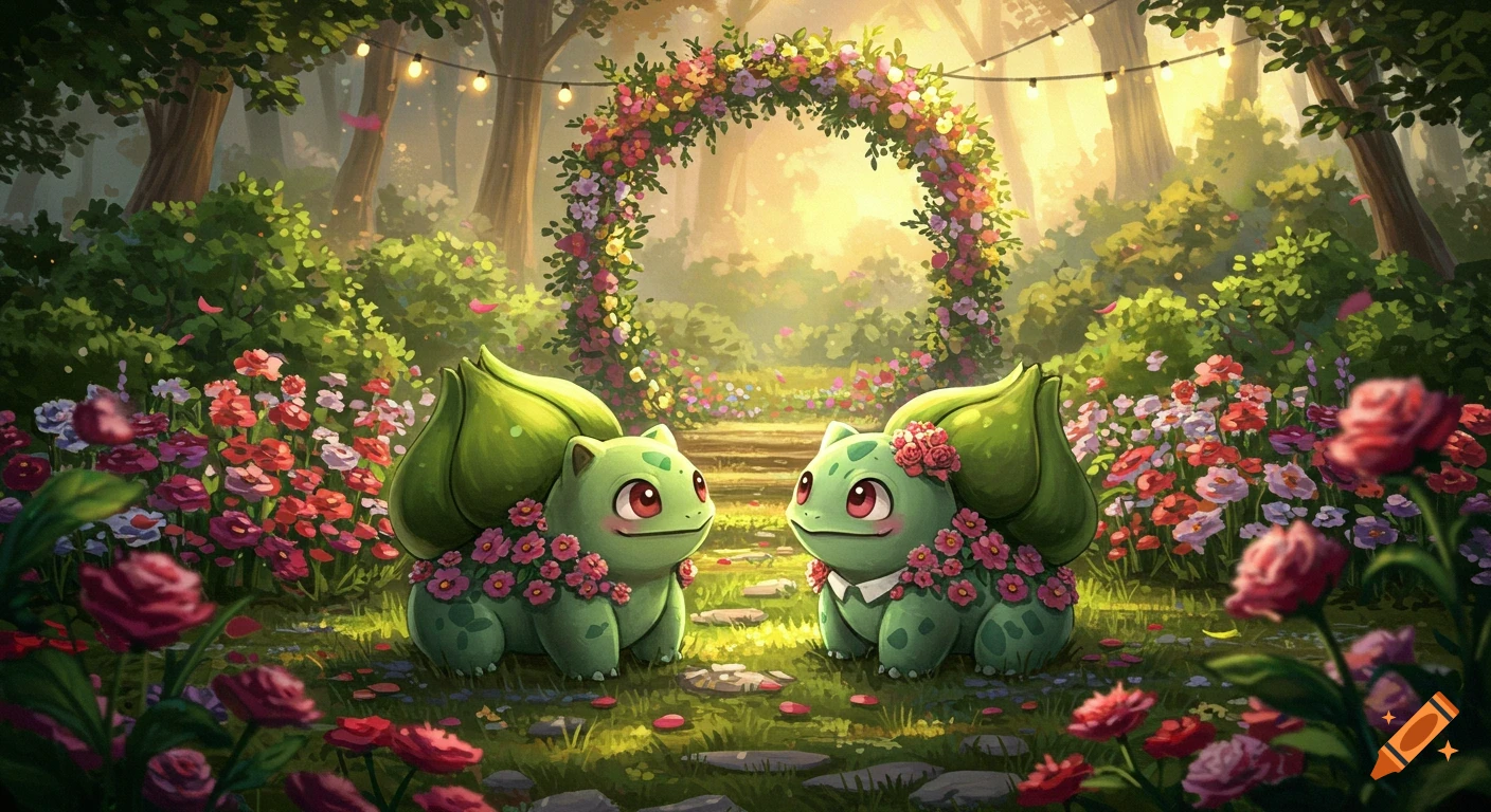 Two cute Bulbasaur characters, adorned with flowers, stand under a flower arch in a magical forest wedding.