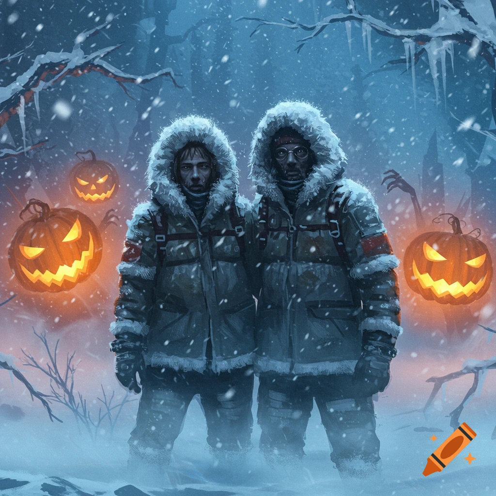 Two figures in winter parkas in a snowy forest with glowing jack-o'-lanterns and ghostly hands, dark fantasy art.