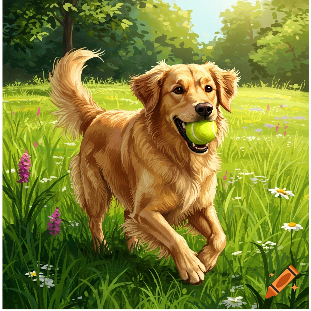 A happy golden retriever runs through a sunny green field with a tennis ball in its mouth, in a vibrant illustration style.