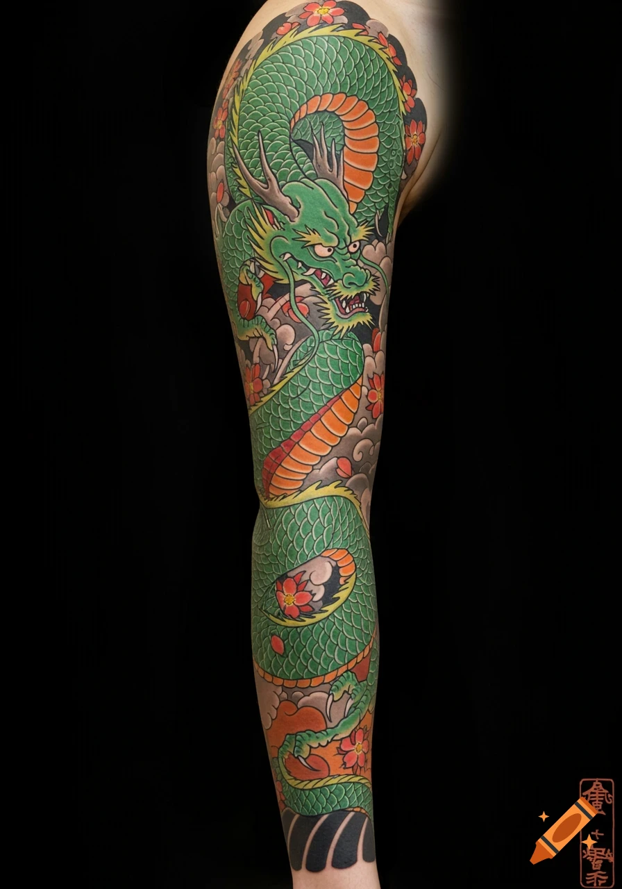 Full leg Japanese traditional tattoo of a vibrant green dragon with orange and yellow accents, surrounded by red cherry blossoms on a black background.