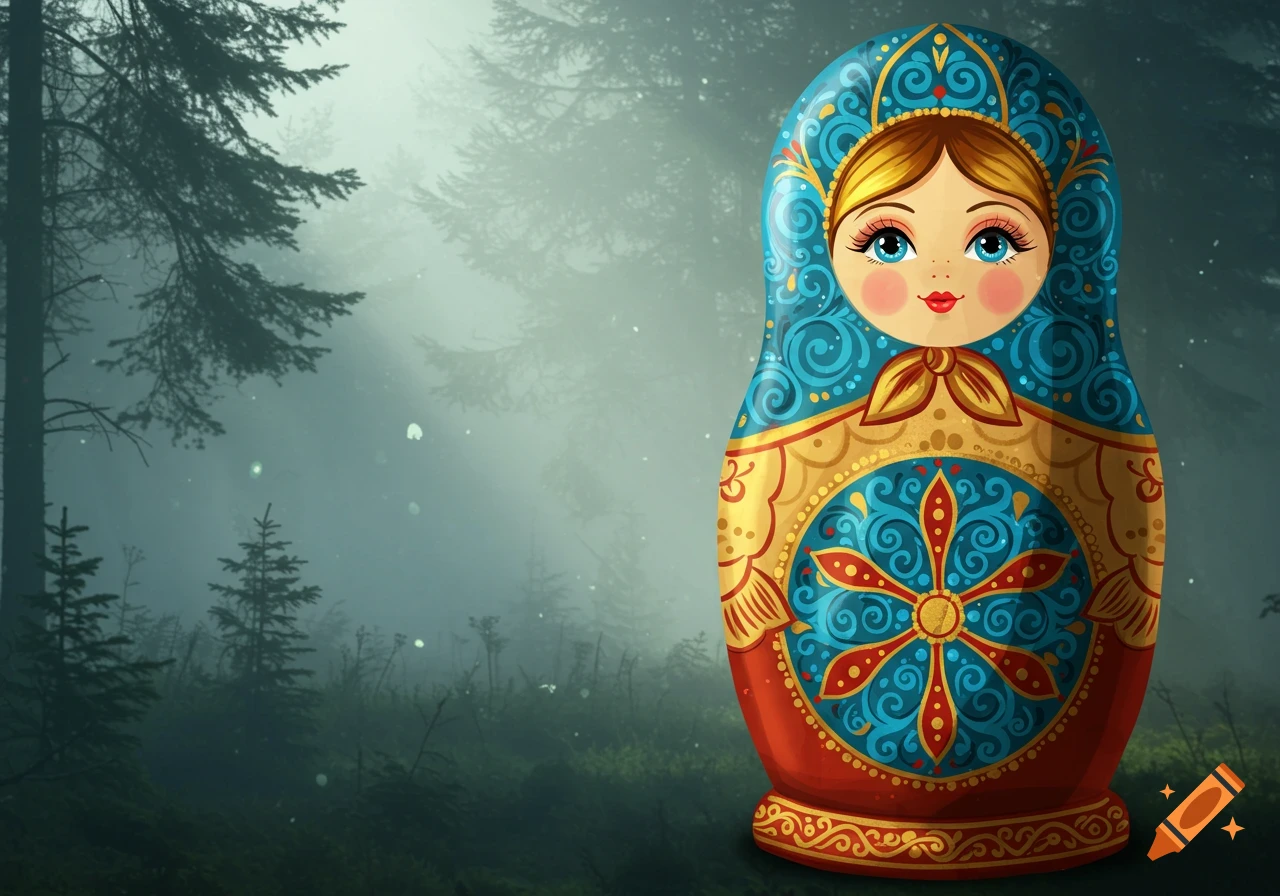 Colorful matryoshka doll with intricate patterns in a misty, dark forest.