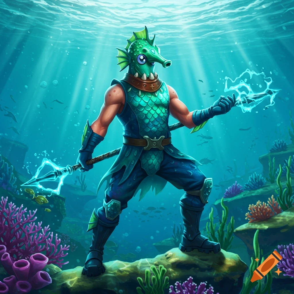 A muscular, seahorse-headed warrior in scale armor stands underwater on a rock, holding two glowing tridents, amidst colorful coral.