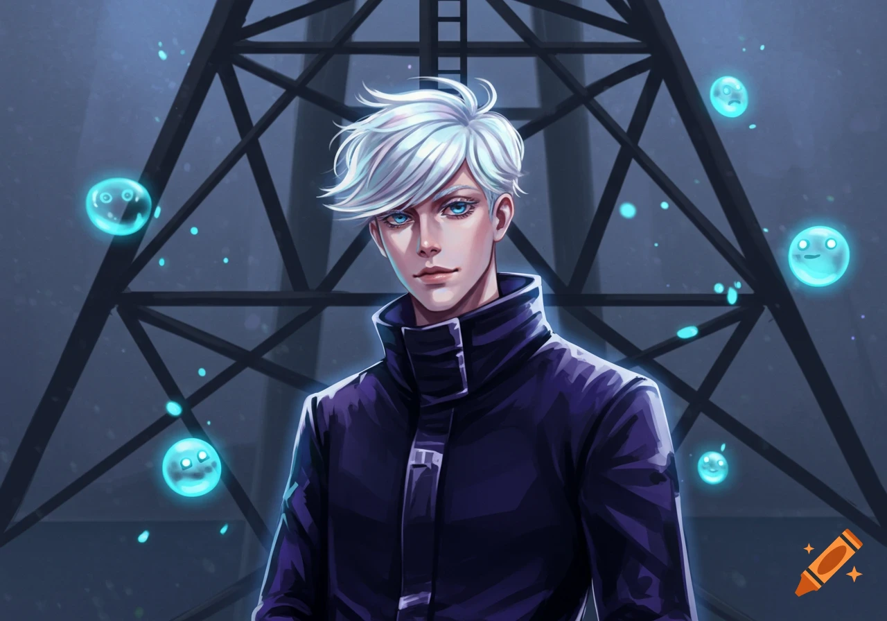 An anime-style male character with white hair and blue eyes, wearing a dark jacket, stands in front of a steel tower with glowing blue orbs.