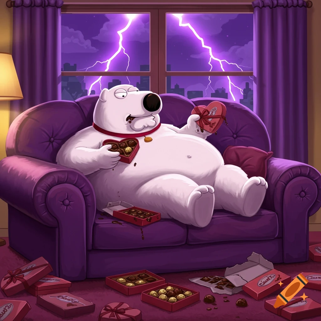 Obese cartoon dog Brian Griffin sits on a purple couch, eating chocolates from heart-shaped boxes during a purple lightning storm outside.