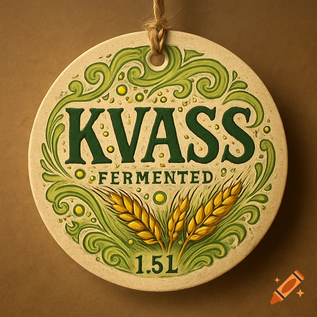 A round label for Kvass, suspended by twine, features 'KVASS FERMENTED 1.5L' text and wheat stalks against a brown background.