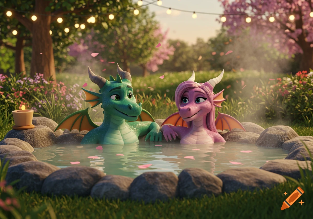A green and pink cartoon dragon couple relaxing in a rocky outdoor hot tub amidst flowers and string lights, 3D animation style.