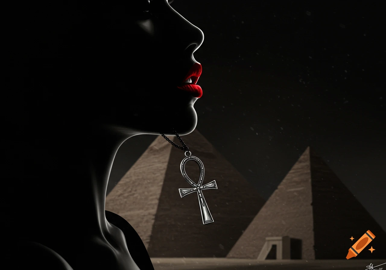 Stylized silhouette of a woman with bright red lips and an ankh necklace, looking towards pyramids in the dark.