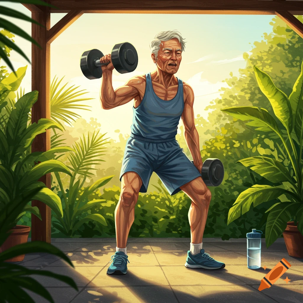 An elderly man in a blue tank top and shorts lifts dumbbells outdoors on a patio surrounded by lush green plants, in a digital art style.
