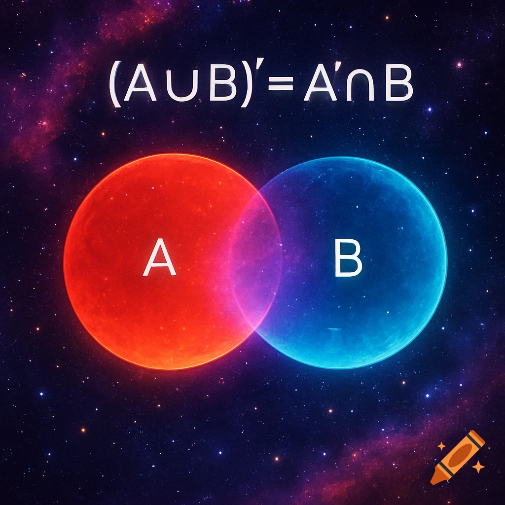 Venn diagram illustrating De Morgan's Law with glowing red (A) and blue (B) circles on a cosmic background.