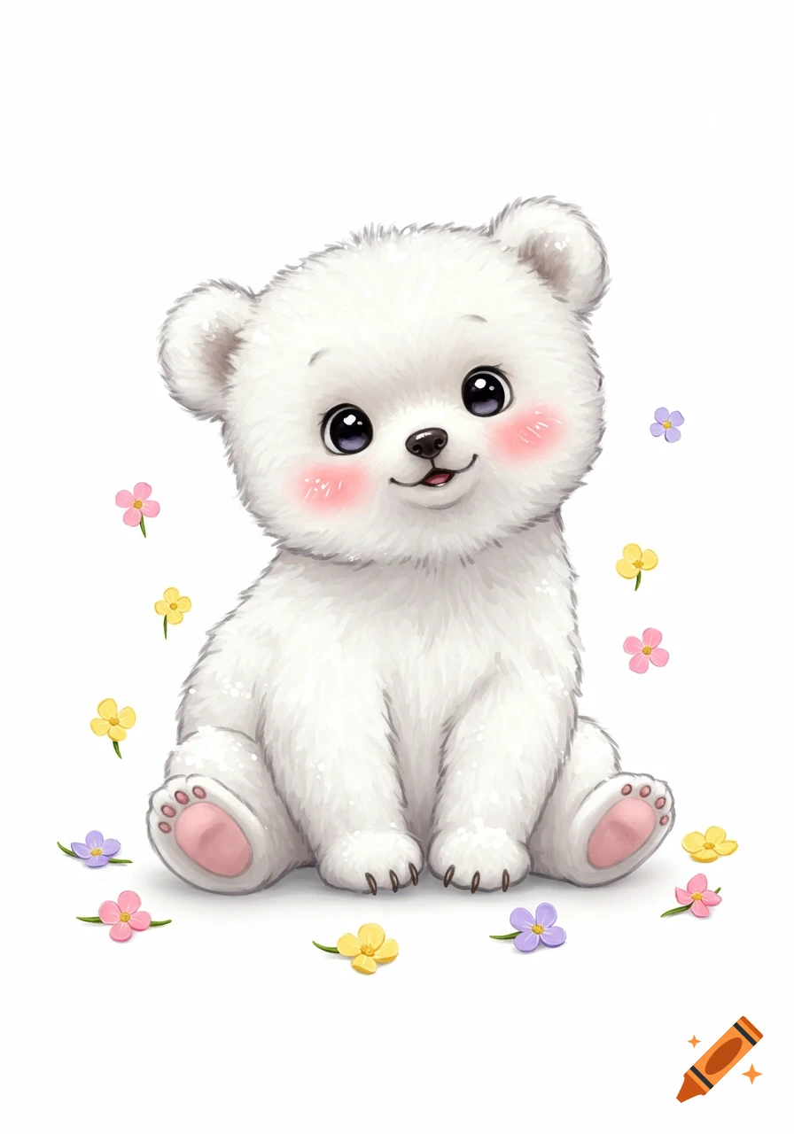 A cute white baby bear illustration with pink cheeks sits on a white background surrounded by small colorful flowers.