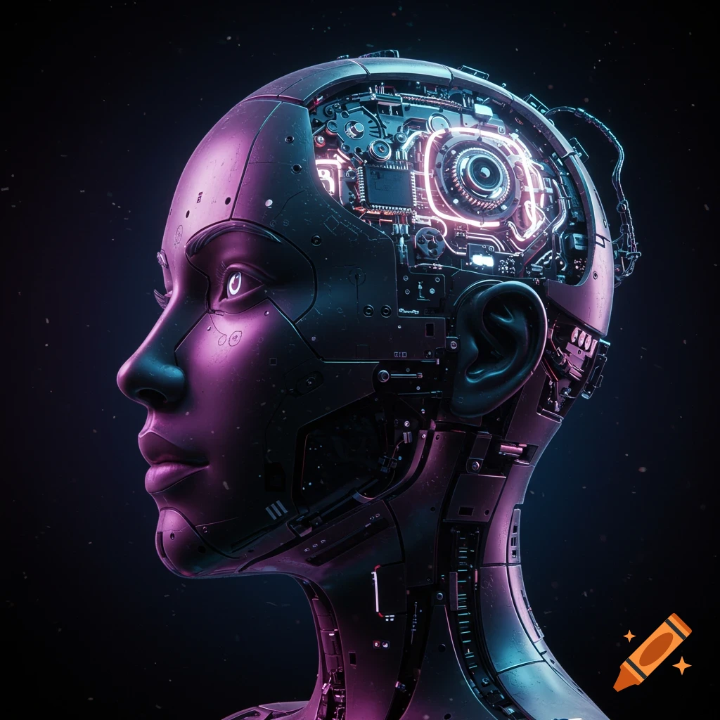 Close-up of a dark metallic robotic female head in profile, with glowing purple and blue digital circuits exposed in its cranium.