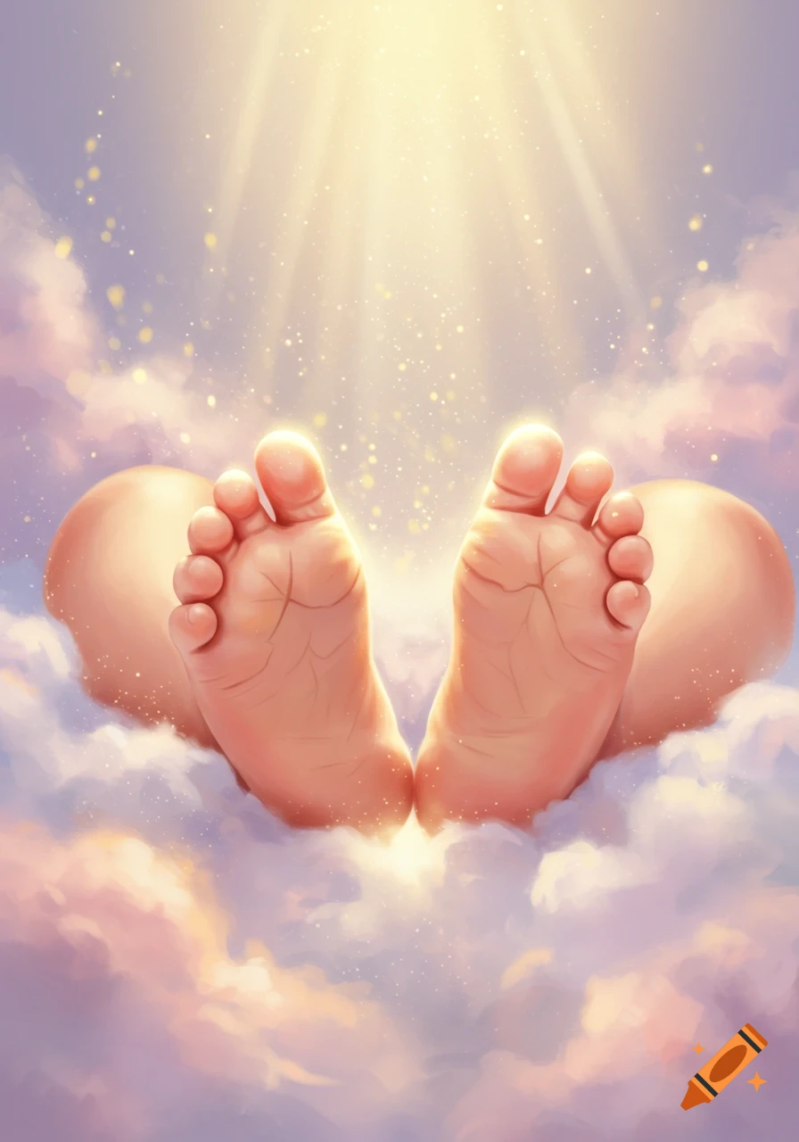 A pair of baby feet extend upwards from soft clouds, bathed in golden light rays with sparkling dust.
