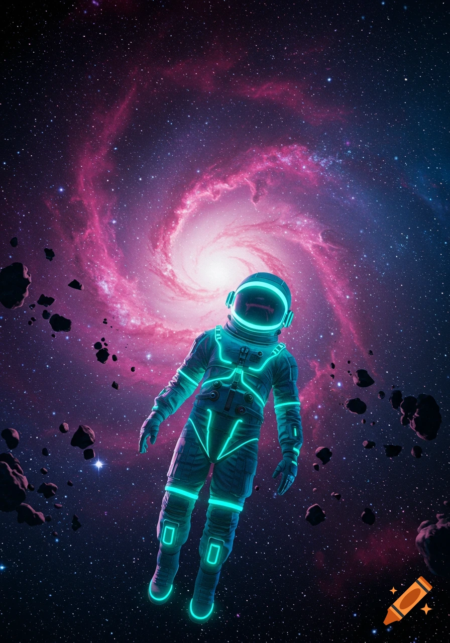 An astronaut in a teal glowing suit floats in deep space against a vibrant pink and purple spiral galaxy and scattered asteroids.