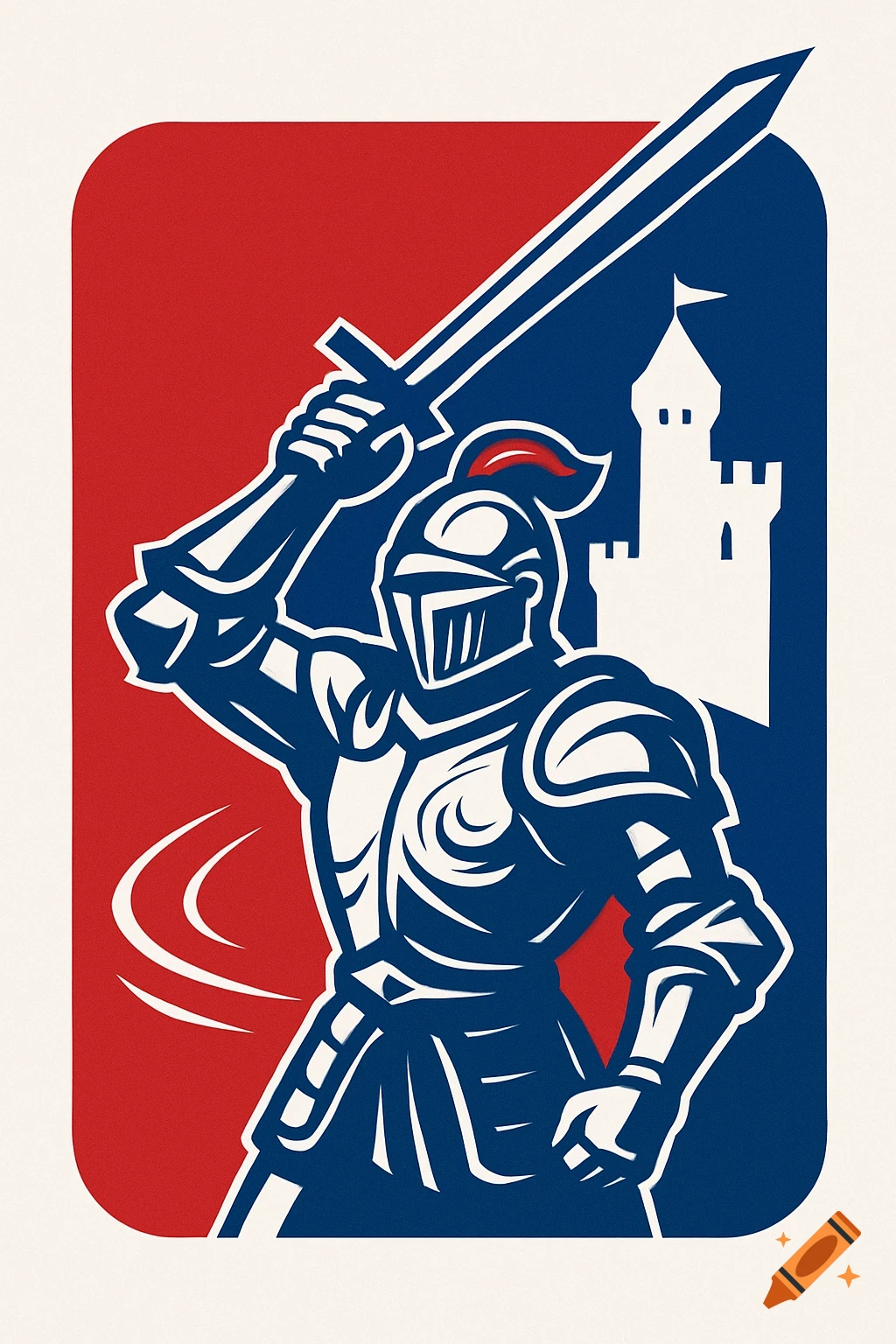 Stylized illustration of a knight in armor holding a sword aloft, with a white castle against a red and blue background.