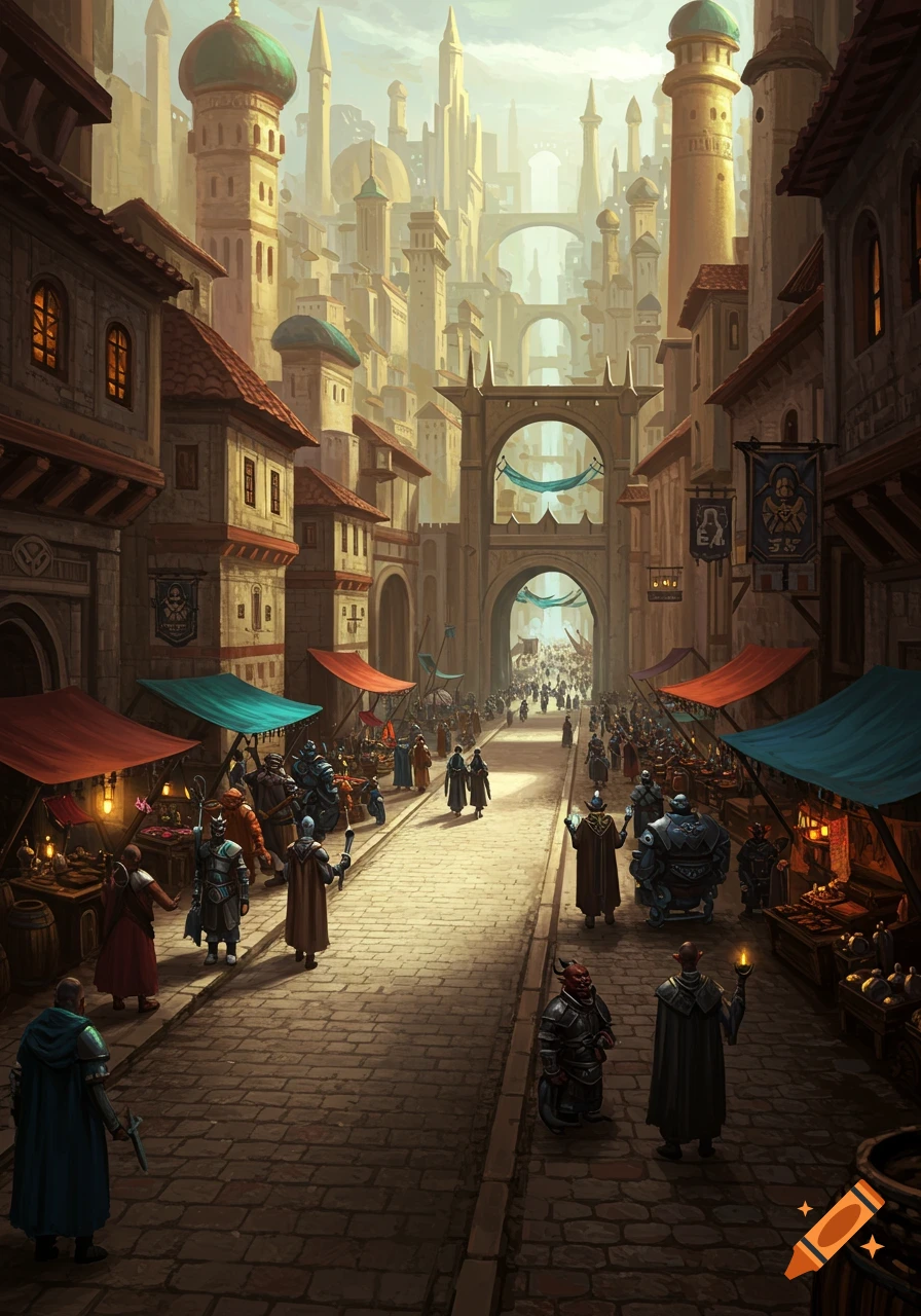A bustling fantasy city street market with diverse characters, stalls under awnings, leading to a grand arched gate amidst towering, ancient buildings.