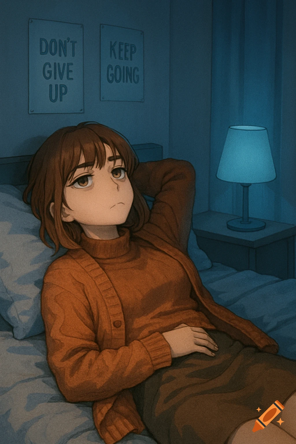 An anime girl with brown hair in a cozy fall outfit lies in a dimly lit blue bedroom, looking bored, with motivational posters on the wall.