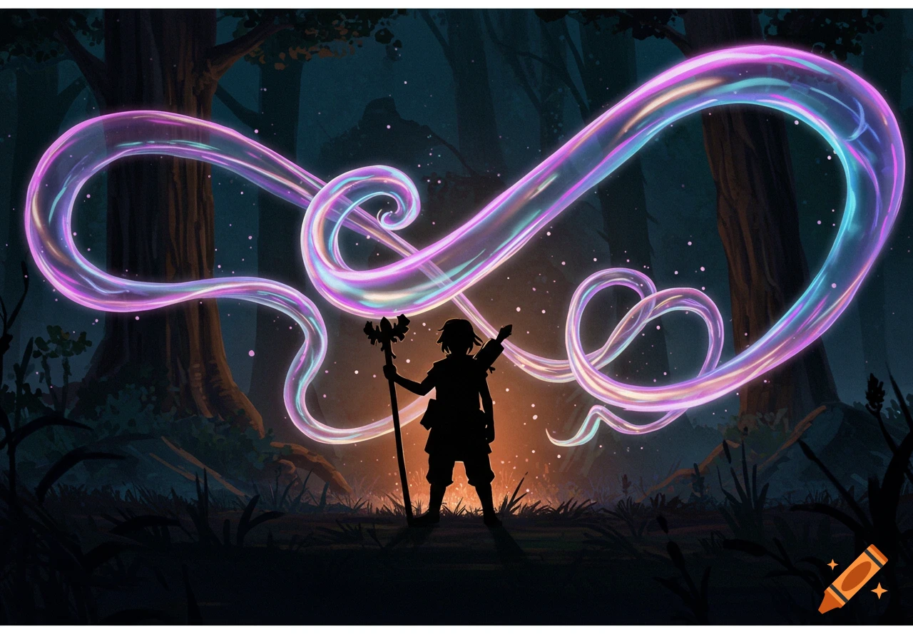 Silhouette of a person with a staff in a dark forest clearing, surrounded by glowing, colorful magical currents at night.