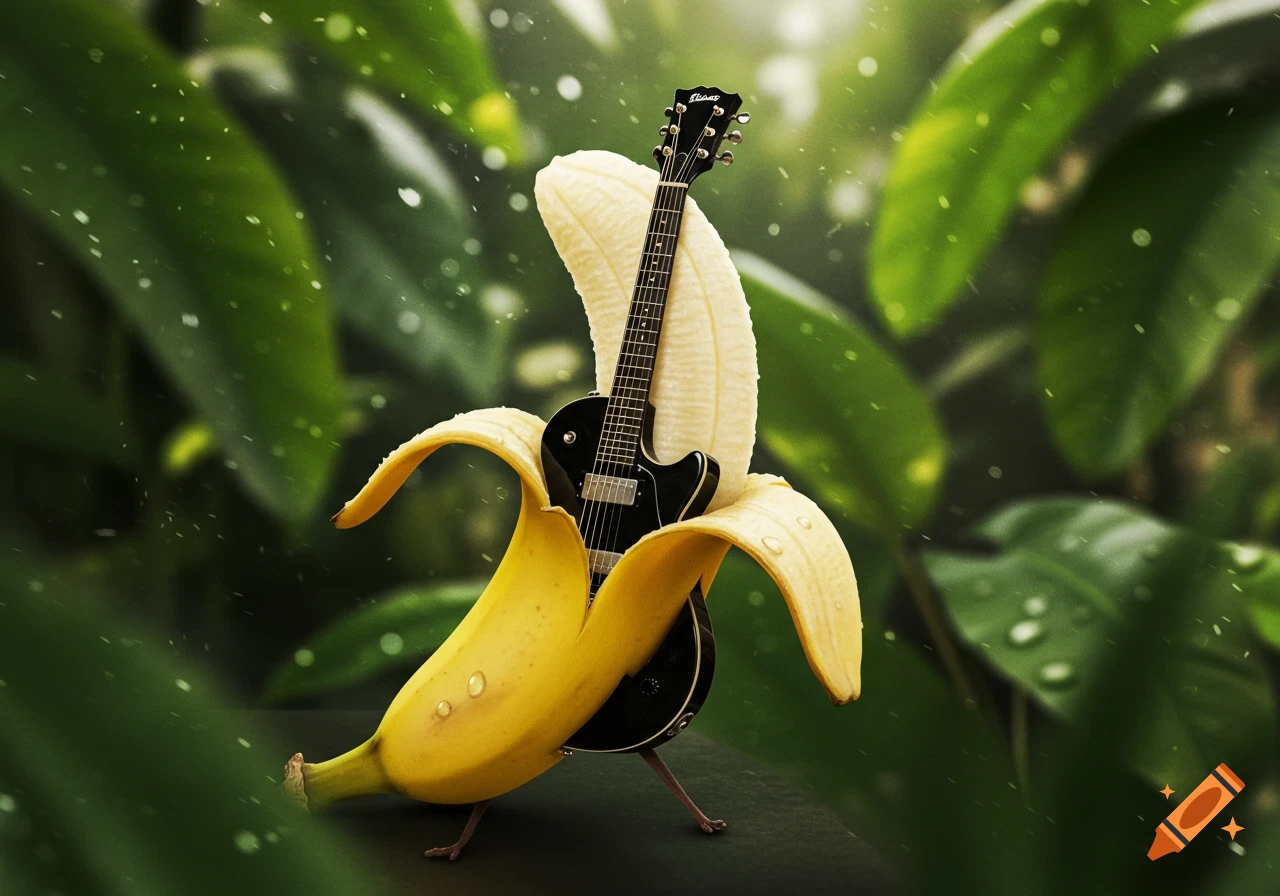 A peeled banana with a black electric guitar in its center, standing on tiny feet against a lush green, rainy jungle background.