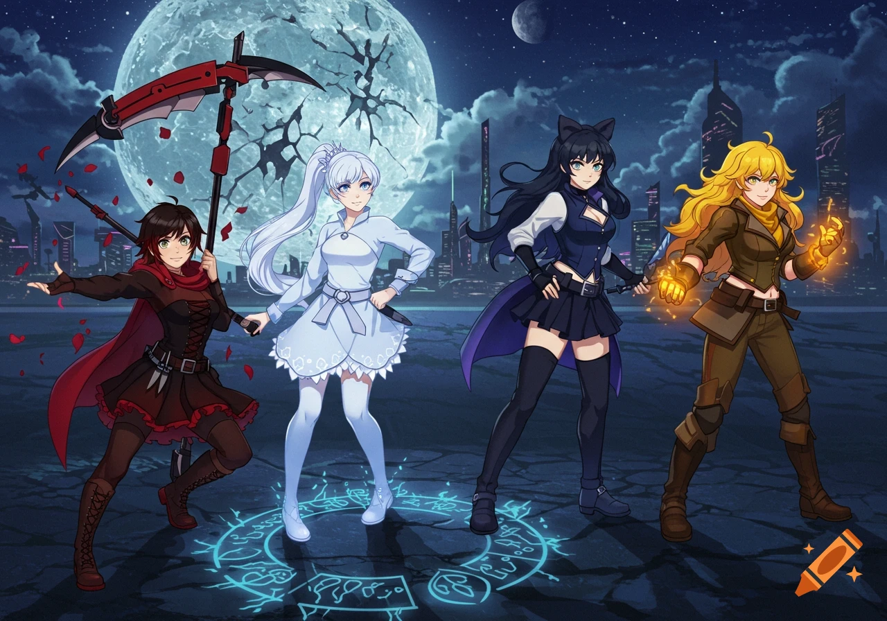 Four anime-style female characters, Ruby, Weiss, Blake, and Yang, pose with their weapons under a large, cracked moon and city skyline.