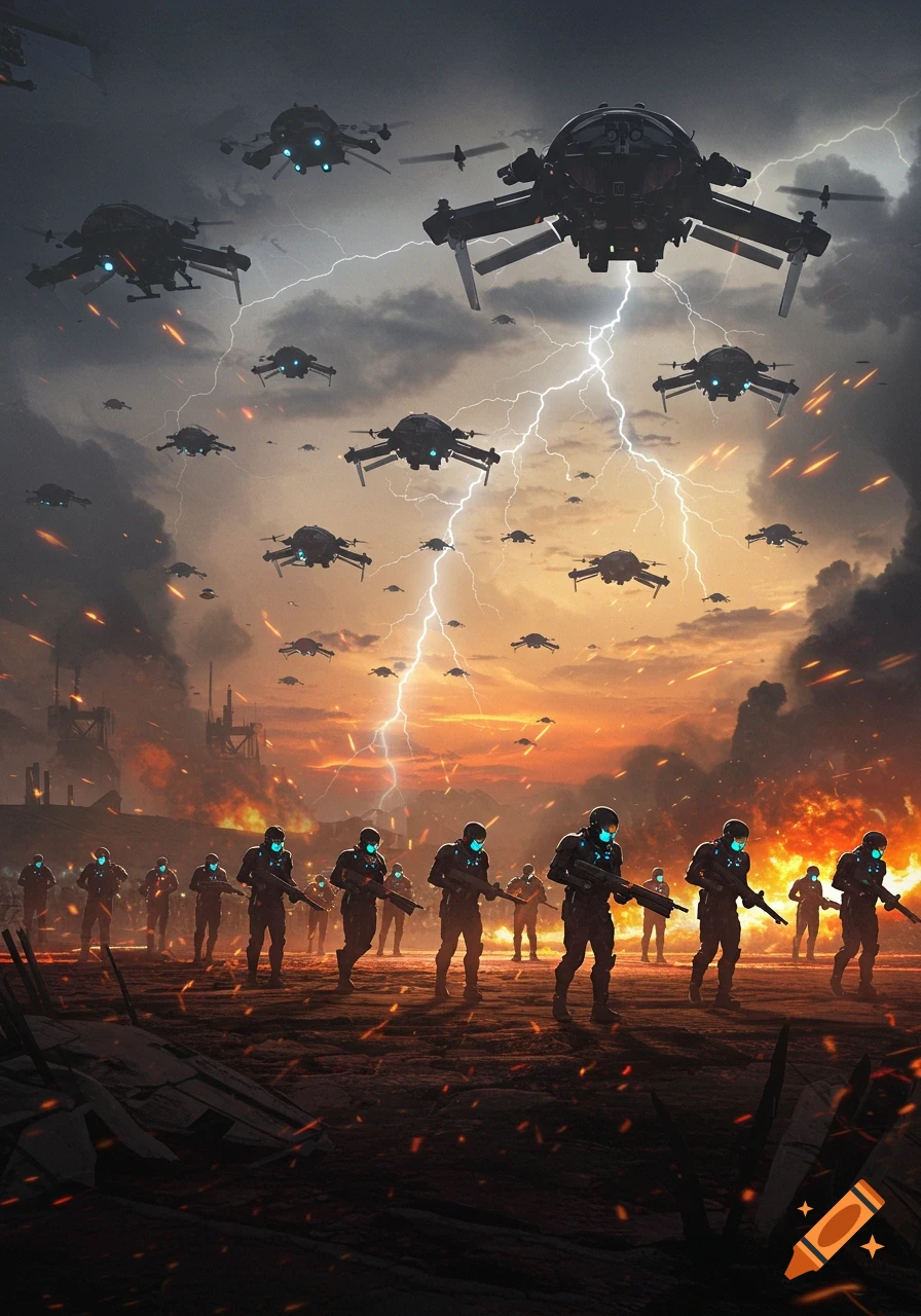 Sci-fi soldiers with glowing masks march through a burning, lightning-struck city filled with numerous flying combat drones.