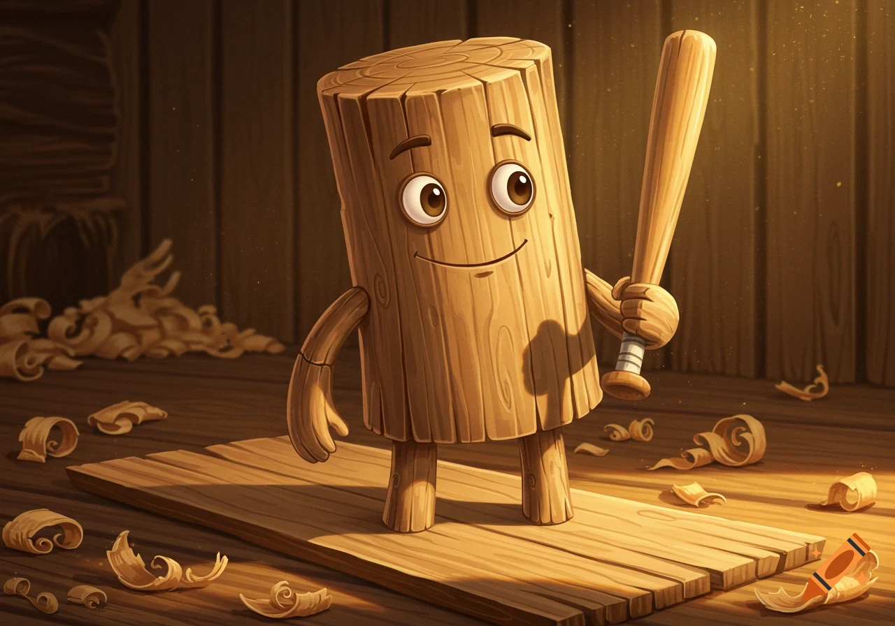 A friendly cartoon wooden log character with arms, legs, eyes, and a smile stands on planks, holding a baseball bat, surrounded by wood shavings in a workshop setting.