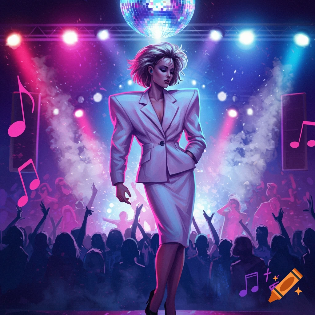 A woman in a white 80s power suit poses under a disco ball and bright lights at a vibrant concert, stylized illustration.