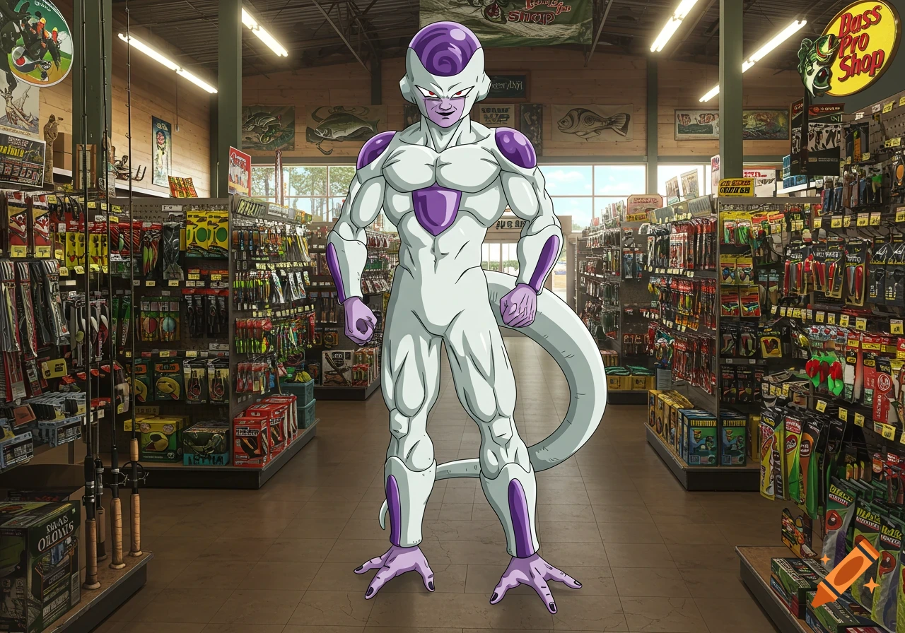 Frieza, an anime character, stands in the aisle of a photorealistic Bass Pro Shop filled with fishing gear.