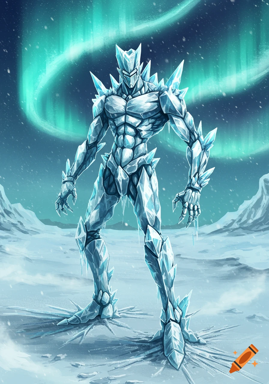 A powerful humanoid figure made of sharp ice stands in a snowy arctic landscape under a vibrant green aurora borealis.