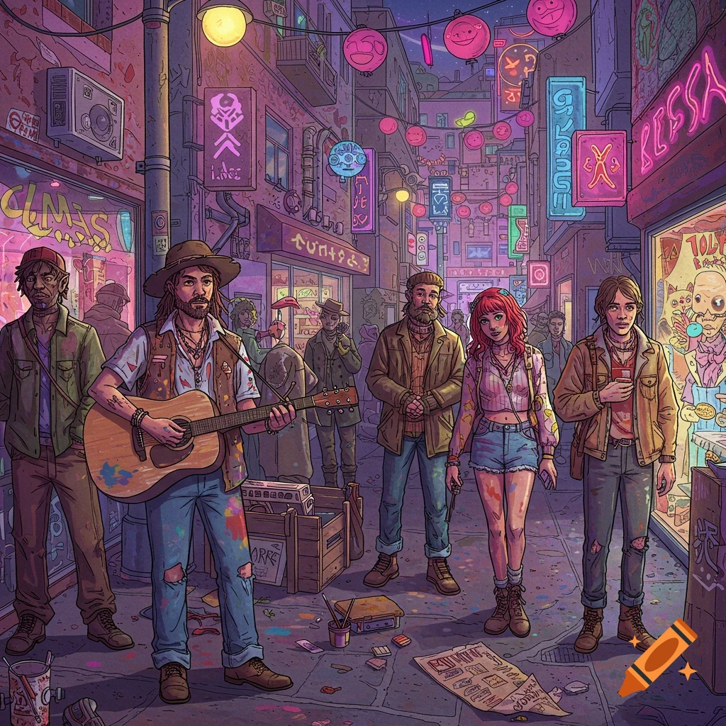 An illustrative scene of diverse people gathered on a vibrant, neon-lit urban street at night, with a man playing guitar in the center.