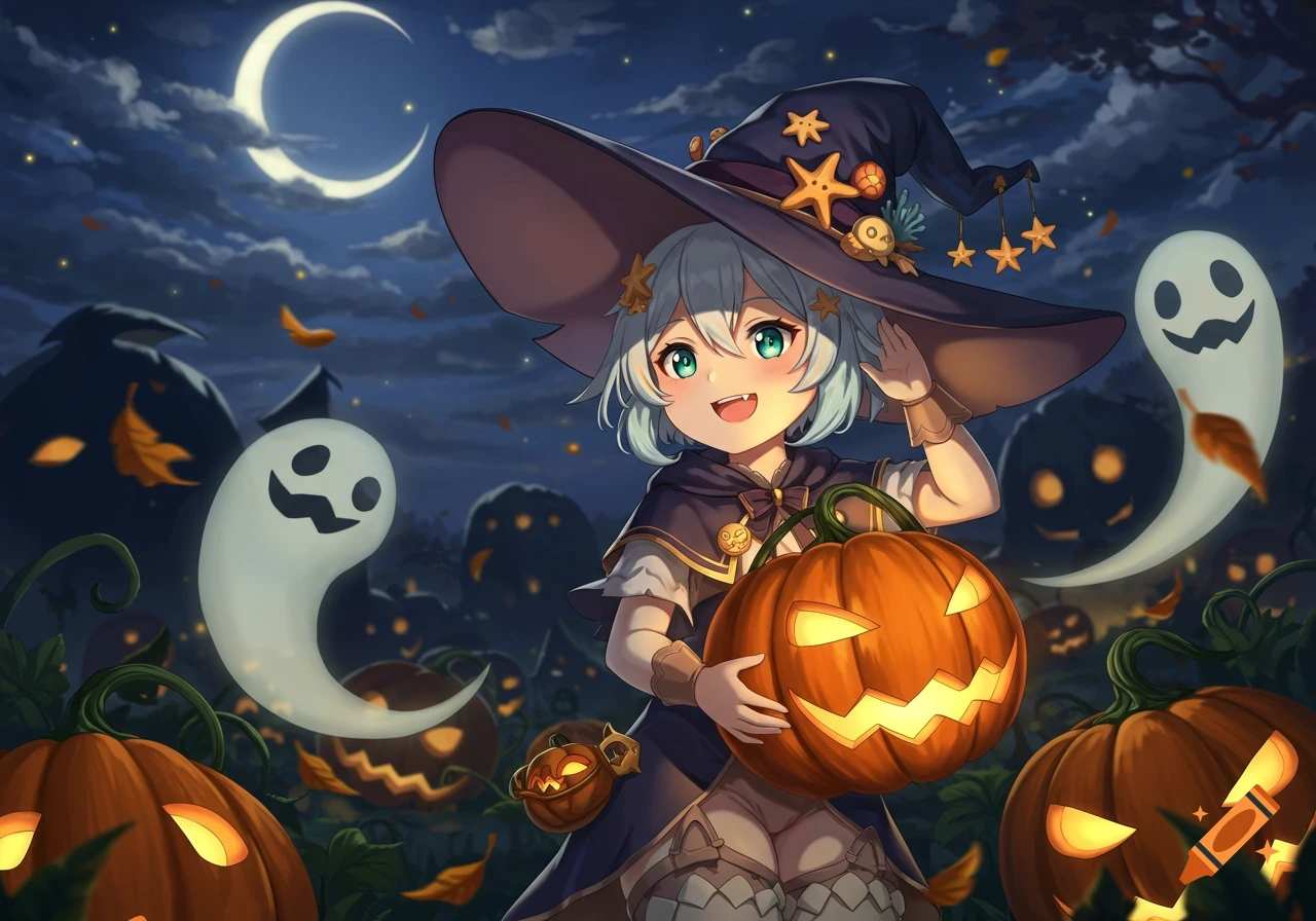 Anime witch girl with light blue hair holds a jack-o'-lantern amidst floating ghosts and glowing pumpkins under a crescent moon.