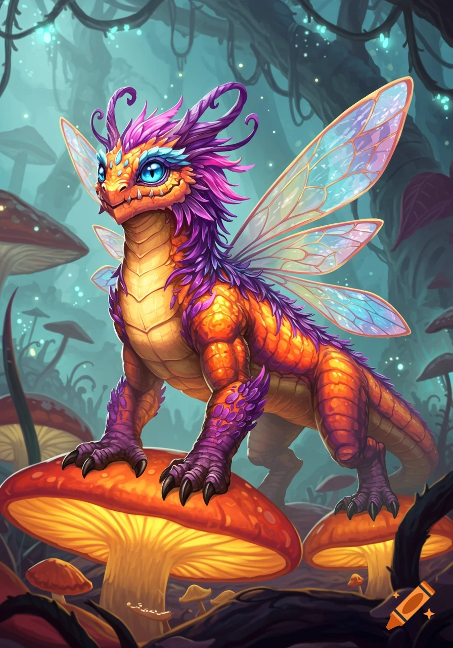 A vibrant orange and purple fairy dragon with iridescent wings and blue eyes stands on a giant mushroom in a magical forest.