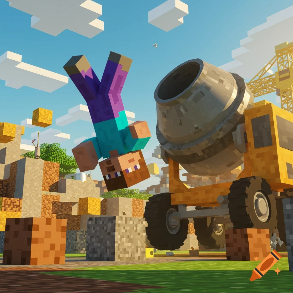 Minecraft Steve performs a cartwheel near a cement mixer on a blocky construction site.
