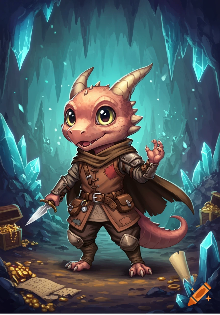 A cute chibi kobold rogue in a cave, holding a dagger, surrounded by glowing crystals and gold treasure.