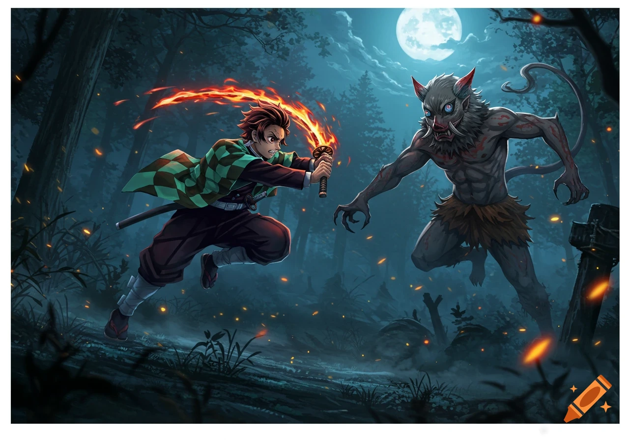 Tanjiro from Demon Slayer battles a demon with a flaming sword in a dark, moonlit forest, anime style.
